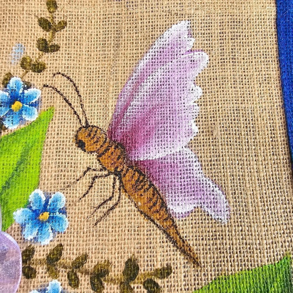 Hand-Made Tote Bag Jute Craft-Fabric Ribbon Flowers Hand Painted Butterfly Gift - Picture 3 of 7